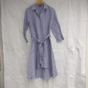 Pure Linen Shirt Dress, Button Front belted Blue dress with pocket 100% Linen, S